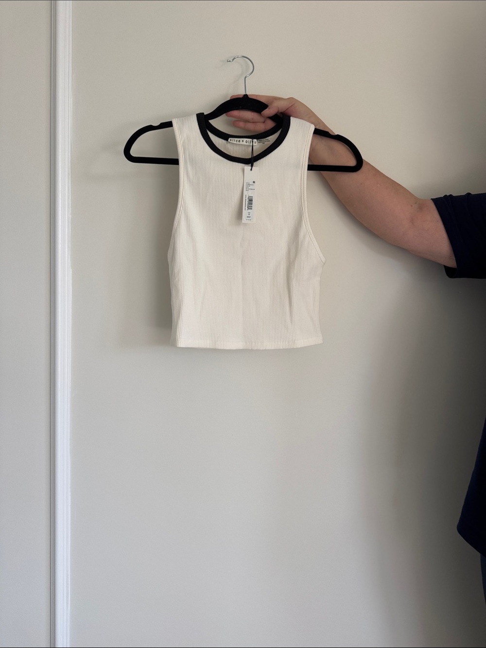 Alice + Olivia Cream Ribbed Crop Tank with Black Trim